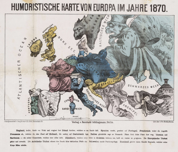 Plakat mit dem Titel "Humoristische Karte von Europa im Jahre 1870" mit einer Karte von Europa umgeben von Karikaturen.