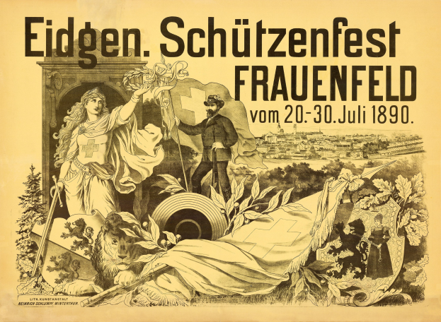 Plakat für das Eidgenössische Schützenfest in Frauenfeld, Deutschland, das einen Mann im Anzug und eine Frau im Kleid zeigt, die nebeneinander stehen, mit Ereignisinformationen im Text.
