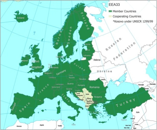 Eine detaillierte Karte von Europa, die die Mitgliedstaaten der Europäischen Union mit Ländernamen, Grenzen, wichtigen Städten, Flüssen und geografischen Merkmalen hervorhebt.