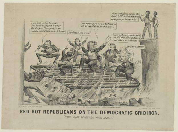 Ein Blatt Papier mit einer Zeichnung von verzweifelten roten Figuren, die "heiße Republikaner" genannt werden, auf einem Raster, mit fetter schwarzer Schrift, die eine ernste Situation betont.