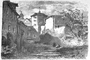 Eine Schwarzweiß-Radierung einer Straße in Heidelbergs Altstadt mit Gebäuden, Bäumen und Menschen sowie einem Text am unteren Rand.