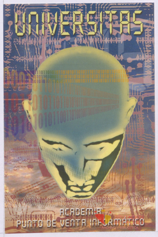 Ein Plakat mit einem kahlköpfigen Mann mit einem breiten, geschlossenen Augen-Lächeln, umgeben von Text und Zahlen, mit der Aufschrift "Universitas" in fetter schwarzer Schrift.