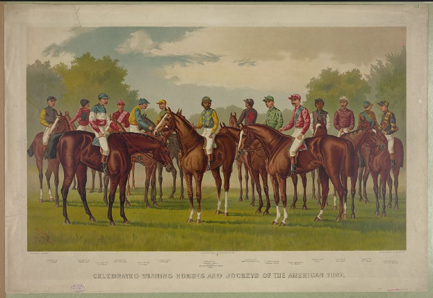 Gruppe von Menschen, die auf Pferden auf einer grünen Wiese mit Bäumen und einem blauen Himmel reiten, mit Text unten: "Feiernder Siegerpferde und Jockeys der American Turf."