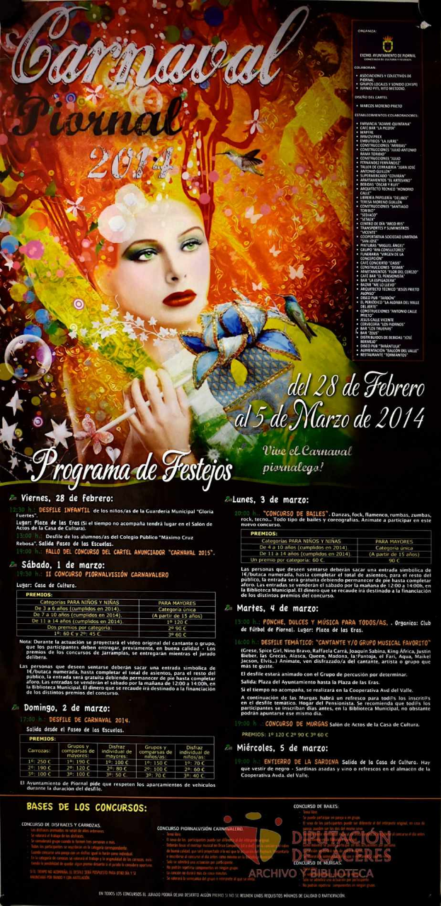 Eine Frau in einem bunten Kleid, die lächelt, umgeben von dem Text "Carnaval Festival 2014" in fetter schwarzer Schrift auf einem leuchtend gelben Hintergrund.