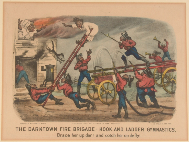 Plakat, das eine Gruppe von Menschen zeigt, die Leitern und andere Gegenstände halten, mit einem Pferdewagen im Hintergrund, betitelt mit "The Darktown Fire Brigade - Hook and Ladder Gymnastics".