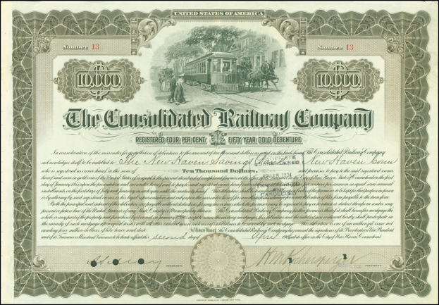 Konsolidierte Bahnaktie mit einer Illustration eines Zuges, umrahmt und mit gedrucktem Text, einschließlich des Unternehmensnamens und des Datums.