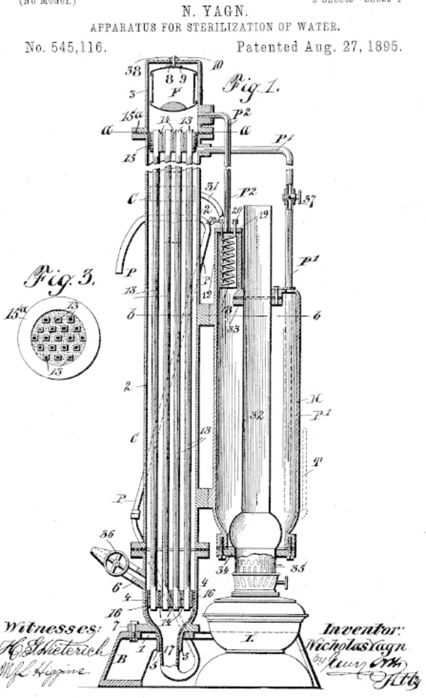 Patentzeichnung einer Vorrichtung zum Sterilisieren von Wasser, beschriftet mit "Vorrichtung zur Sterilisation von Wasser", mit detaillierten Diagrammen und Text auf einem weißen Hintergrund.