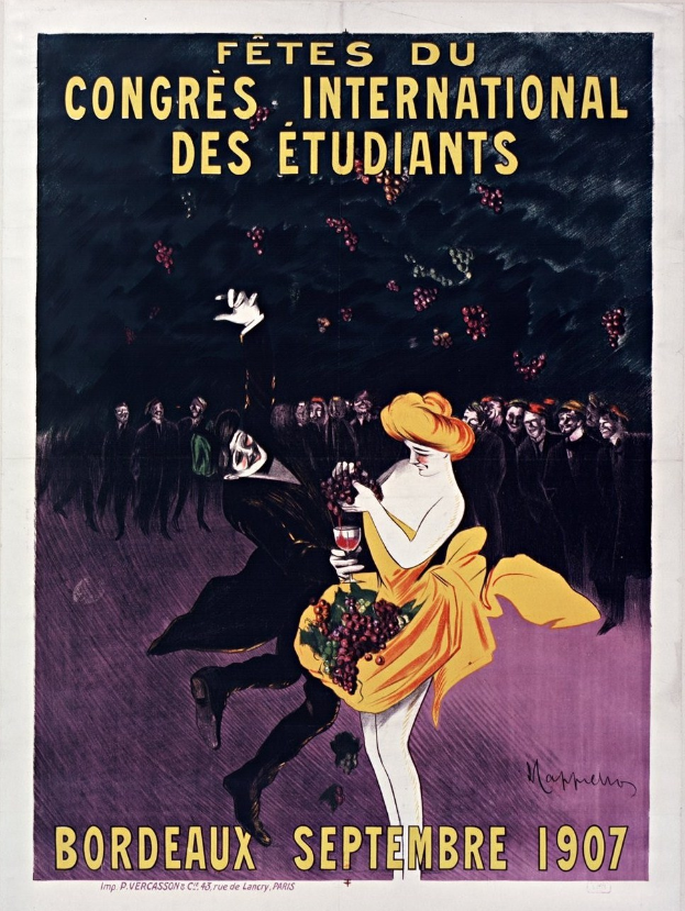 Plakat aus dem Jahr 1907 für eine Weinprobe in Bordeaux, Frankreich, mit einer Frau in gelbem Kleid, die ein Weinglas hält, umgeben von einer Menge, mit Veranstaltungstexten.
