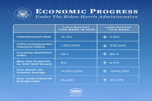 Ein blauer Hintergrund mit weißer Schrift und einem weißen Kreis-Logo mit schwarzem Rand, beide zentriert, mit der Aufschrift "wirtschaftlicher Fortschritt unter der Biden-Harris-Verwaltung".