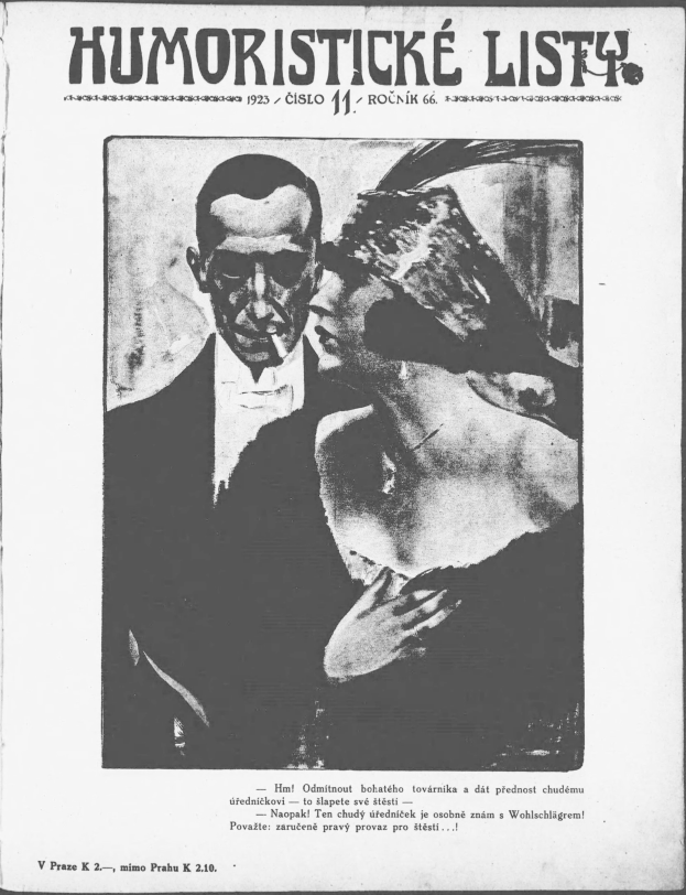 Schwarze und weiße Zeitschriftentitelabbildung "Humoristische Liste", die einen Mann in einem Anzug mit ernster Miene und eine Frau zeigt, die wegschaut und leicht schmunzelt.