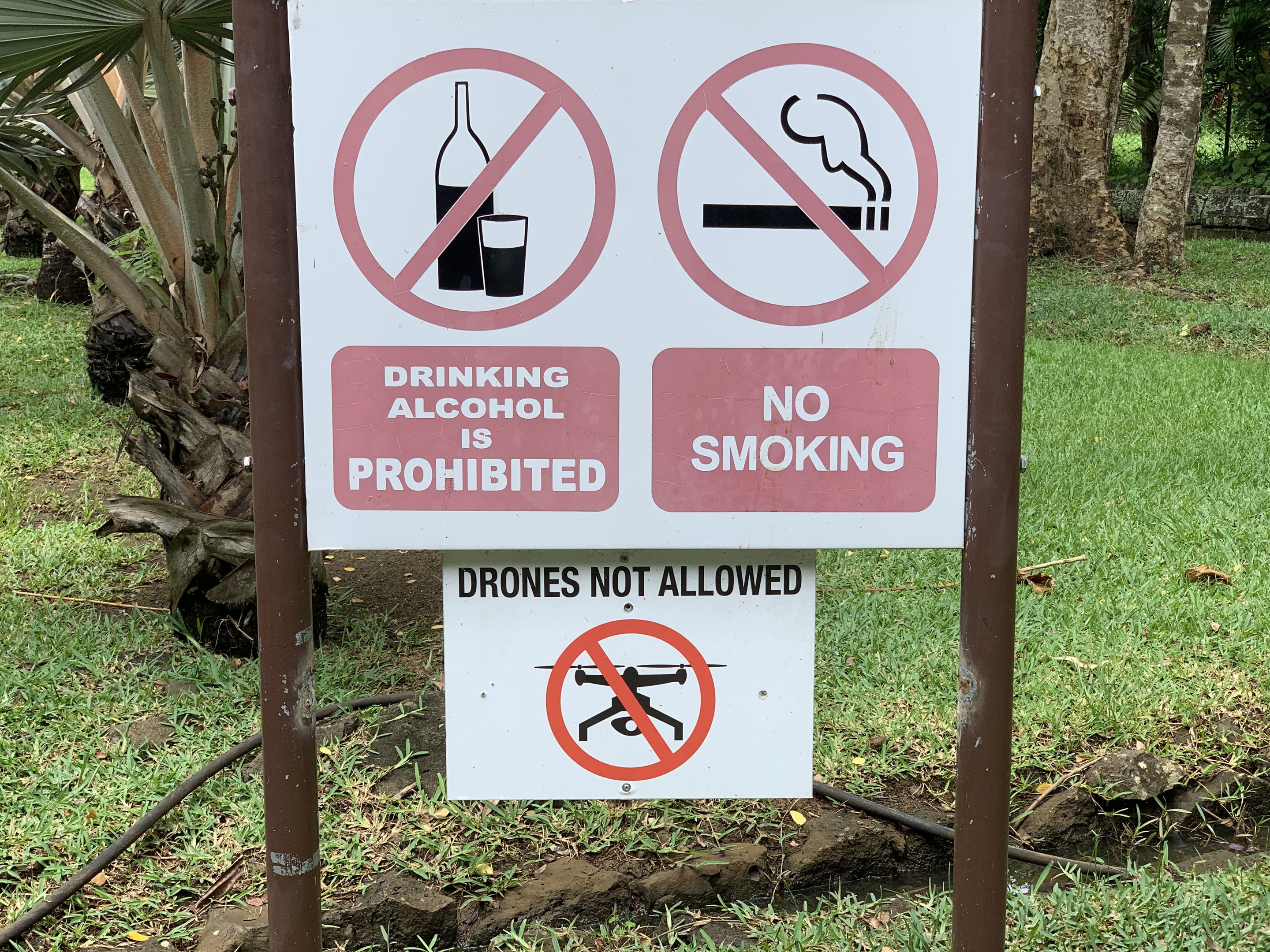 Schild am Straßenrand mit der Aufschrift "Alkoholkonsum ist verboten" und "Rauchen verboten", umgeben von Bäumen und Gras.