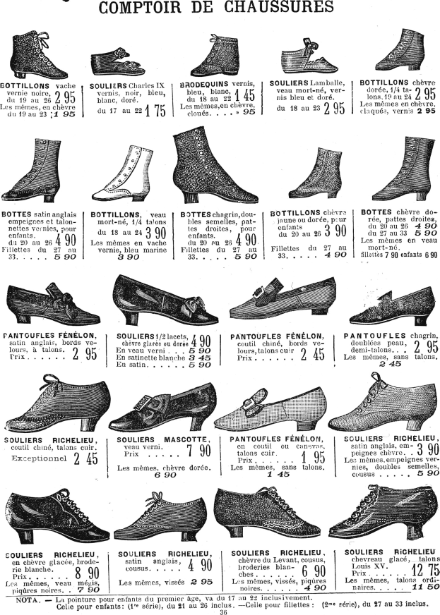 Eine Buchseite mit verschiedenen Frauenschuhen in einzigartigen Designs, Preisschildern und detaillierten Informationen zu Größe, Form und Farbe, sauber angeordnet.