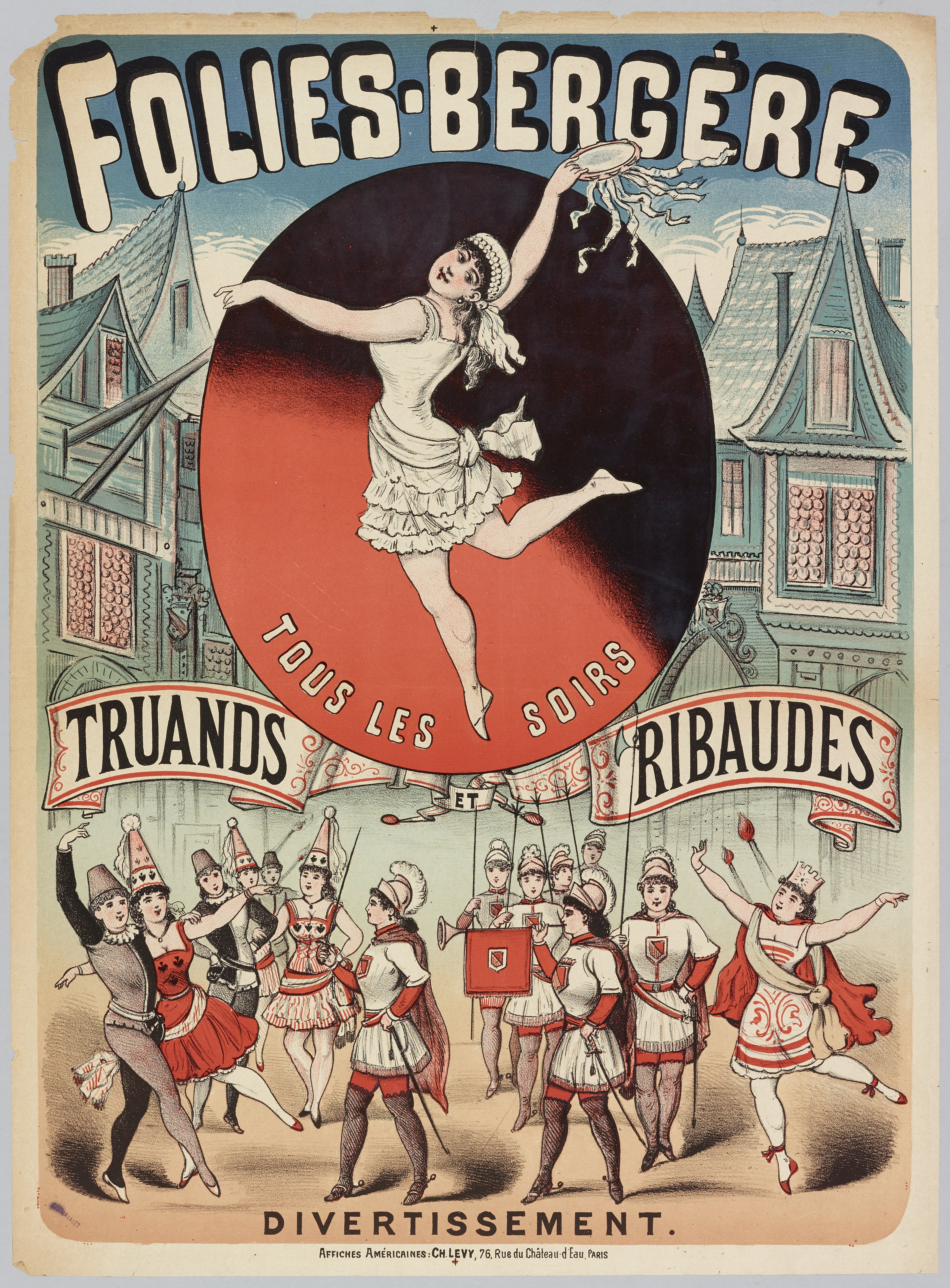 Ein Plakat, das ein Tanzshow in Paris ankündigt, zeigt eine Gruppe von Menschen im Vordergrund, die tanzen, mit Gebäuden im Hintergrund und Text, der die Show beschreibt.