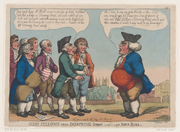 Eine Karikatur auf Papier zeigt eine Gruppe von Menschen vor einem Gebäude, Bäumen und Himmel, mit Text unten: "odd fellows from downing street complaining to John Bull".