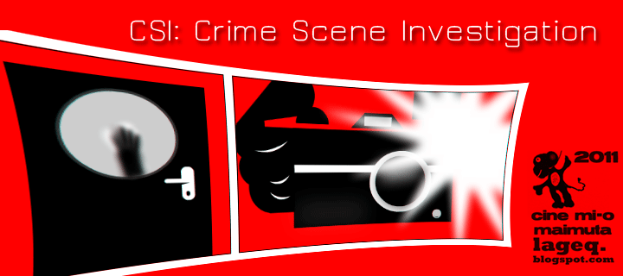 Ein rotes Plakat mit "CSI Crime Scene Investigation" in fetter weißer Schrift, das eine Person in einer schwarzen Kapuzenjacke mit entschlossener Miene zeigt, umgeben von einem schwarzen und weißen Rand, vor einem dunklen blauen Hintergrund.