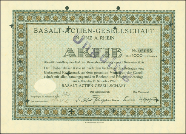 Rahmung eines alten Aktienzertifikats der Basalt-Actien-Gesellschaft in Linz, Deutschland, mit gedrucktem und handgeschriebenem Text.