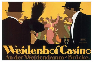 Ein Plakat bewirbt das Weidenhof Casino in Brücke, Deutschland, mit einer lebendigen Illustration von tanzenden und feiernden Menschen und der Aufschrift "Weidenhof" in fetter Schrift oben drauf, umrahmt von einem schwarzen Rand.