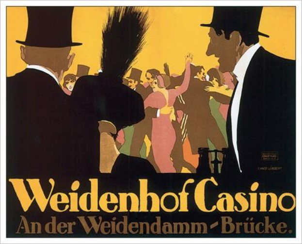 Ein Plakat bewirbt das Weidenhof Casino in Brücke, Deutschland, mit einer lebendigen Illustration von tanzenden und feiernden Menschen und der Aufschrift "Weidenhof" in fetter Schrift oben drauf, umrahmt von einem schwarzen Rand.