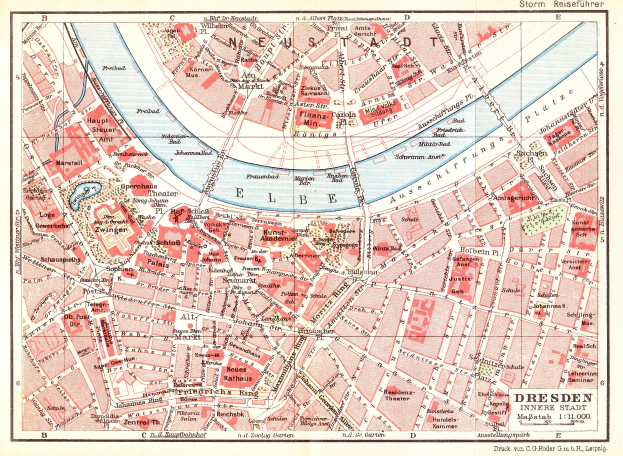 Ein detaillierter alter Stadtplan von Dresden, Deutschland, der Straßen, Gebäude, Sehenswürdigkeiten und Text mit Informationen über die Einwohnerzahl, Sehenswürdigkeiten und Straßen zeigt.