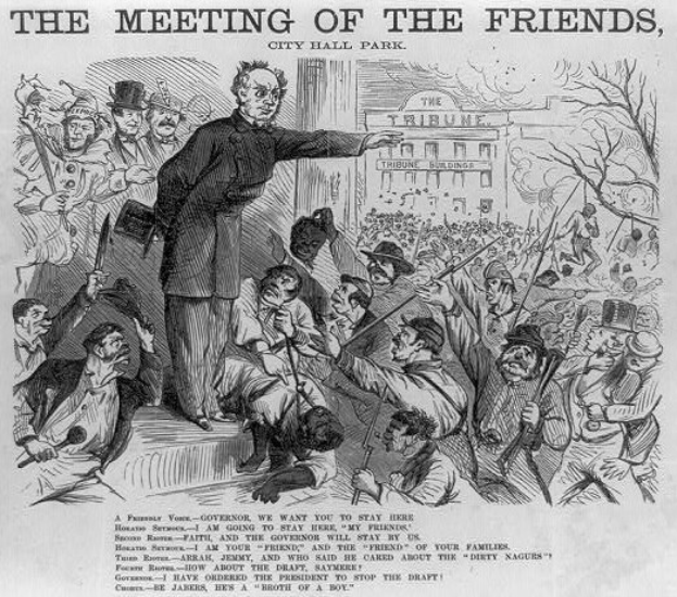 Eine Bleistiftzeichnung, die eine Gruppe bewaffneter Menschen im City Hall Park zeigt, mit einem Gebäude im Hintergrund und der Aufschrift "Das Treffen der Freunde, City Hall Park."