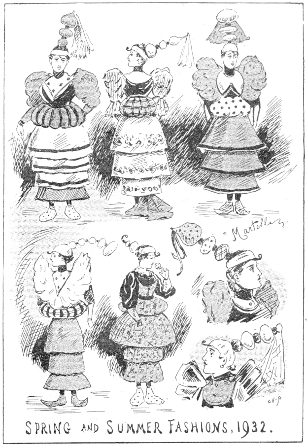 Modeillustration aus dem Jahr 1932, die Frauen in Frühjahrs- und Sommerkleidern zeigt, mit begleitendem Text.