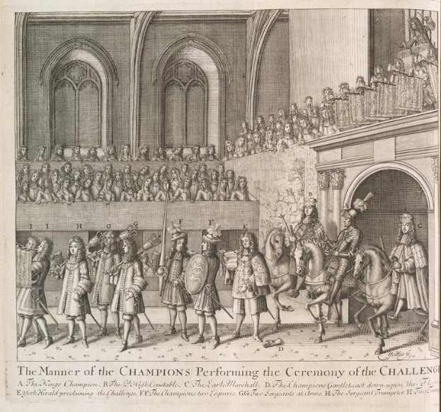 Eine Zeichnung einer Gruppe von Menschen, einige auf Pferden, die vor einer Menge mit einem Gebäude im Hintergrund stehen, mit Text unten, der "Die Art und Weise der Champions, die Zeremonie der Herausforderung durchführt" lautet.