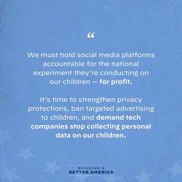 Plakat mit einem Zitat aus Building a Better America, das fordert, dass soziale Medienplattformen für ihren Einfluss auf Kinder zur Rechenschaft gezogen werden, verziert mit Sternen.