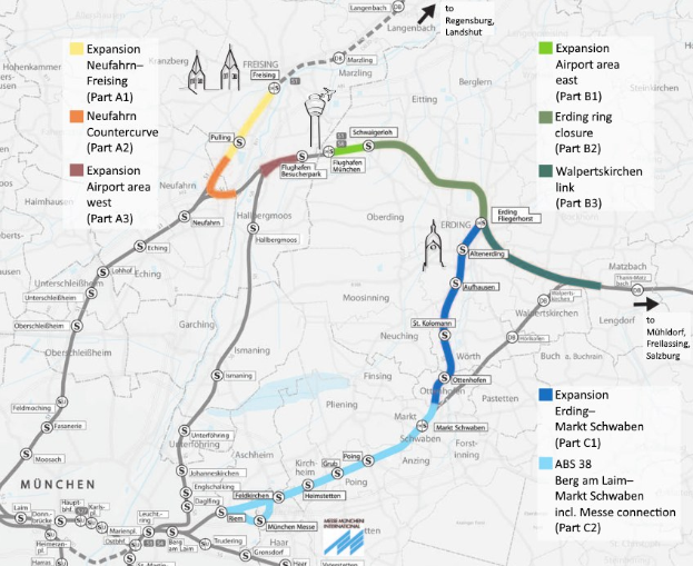 Eine detaillierte Stadtkarte, die eine Zugroute von München nach Frankfurt mit markierten Halten und der umliegenden Gegend hervorhebt, einschließlich Zugspezifikationen und Sehenswürdigkeiten.