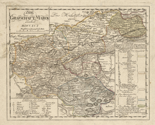 Ein detaillierter alter Stadtplan von München, Deutschland, mit Straßen, Parks und Sehenswürdigkeiten, mit detaillierten Straßen, Flüssen und Bergen, umgeben von einem dekorativen Rahmen in Blau-, Grün- und Gelbtönen.