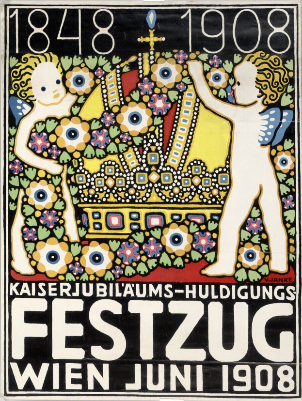Plakat für ein Wiener Festival mit einem Gemälde von zwei Kindern, die nebeneinander stehen und sich umarmen, sowie Text mit Festivaldetails.