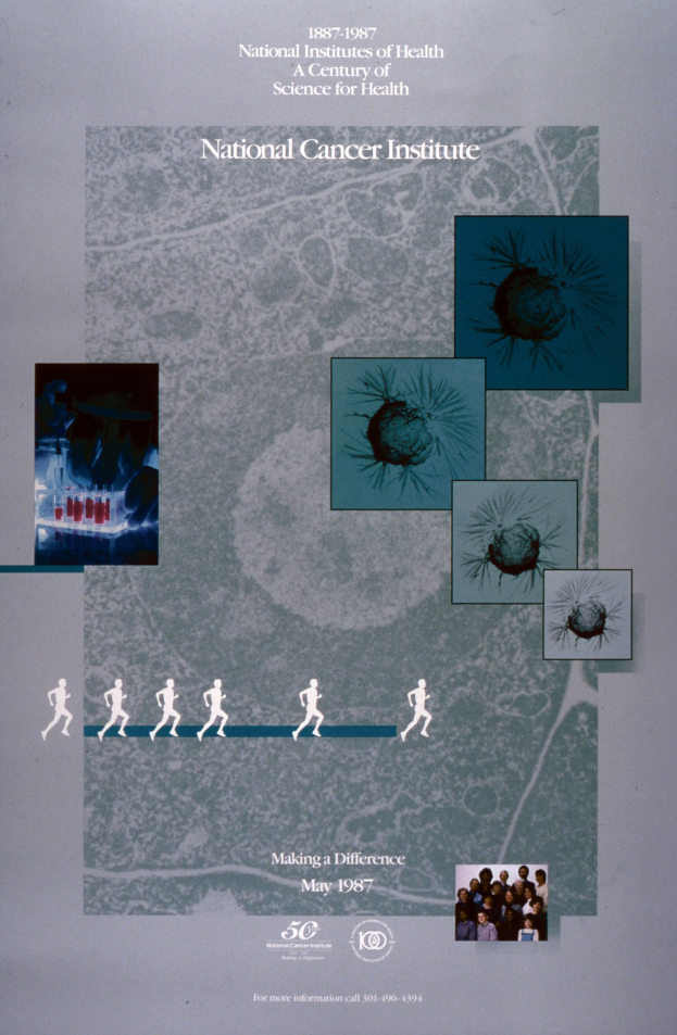 Buntes Plakat mit einem blauen Hintergrund und weißer Schrift, die "National Cancer Institute" in fetter, Großbuchstaben-Schriftart lesen, umgeben von überlappenden Kreisbildern von lächelnden Menschen verschiedenen Alters, Geschlechts und Ethnien.