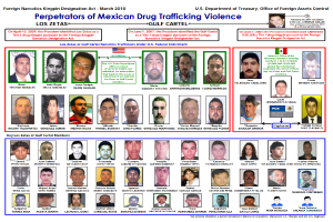 Ein Plakat mit einem hellblauen Hintergrund, das Bilder verschiedener Personen zeigt, die des mexikanischen Drogenhandels beschuldigt werden, alle schauen direkt auf den Betrachter mit ernsten Gesichtern, mit fetter schwarzer Schrift in der Mitte, die 'Verbrecher des mexikanischen Drogenhandels' liest.