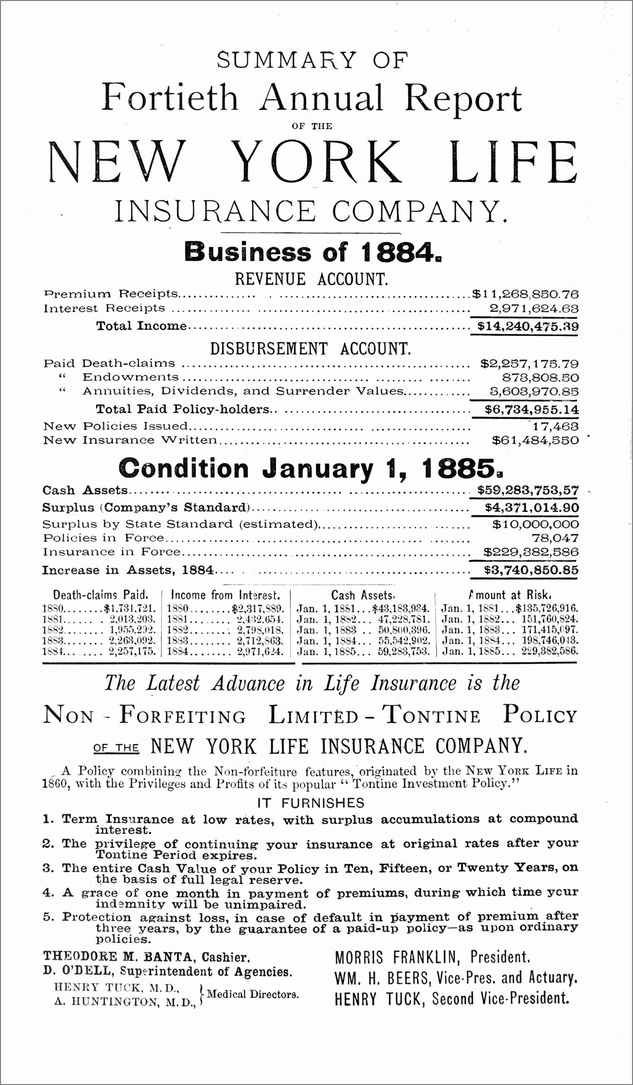 Ein Schwarz-Weiß-Blatt mit der Aufschrift "New York Life Insurance Company, Business of 1884" und einer Zusammenfassung des Jahresberichts von 1884.