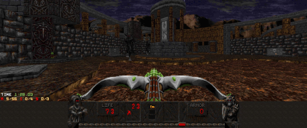 Eine Dungeon-Szene aus *Dungeon Master II* mit einem von Wänden, Säulen und Gegenständen umgebenen Drachen.