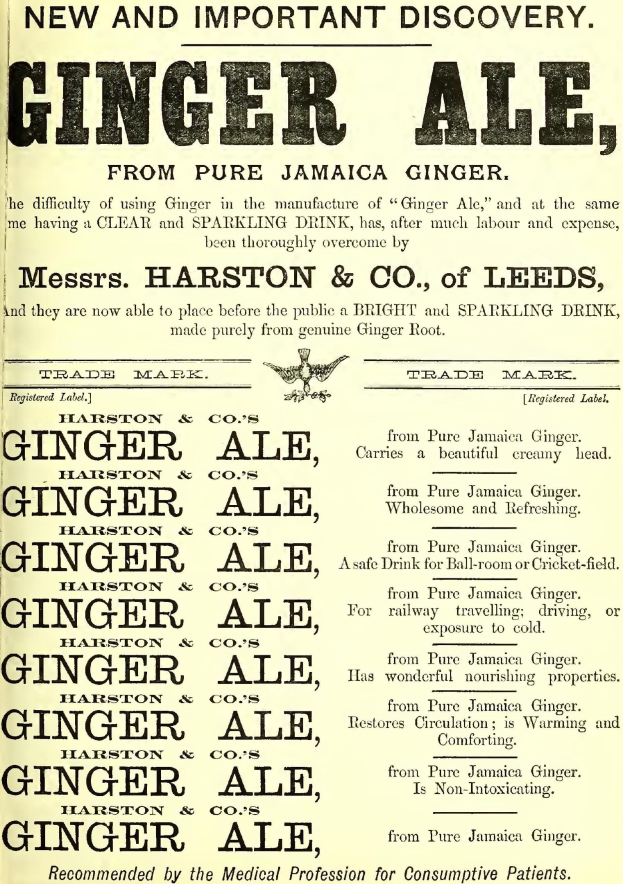 Schwarz-weiß-Anzeige für Harston & Co. Ingwerbier aus Leeds, mit Text auf altem Papier.