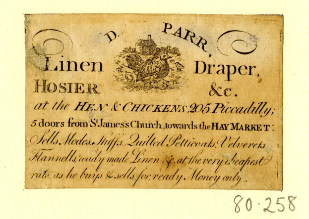 Eine Visitenkarte mit einer realistischen Abbildung eines Huhns mit sichtbaren Federn und Schnabel.