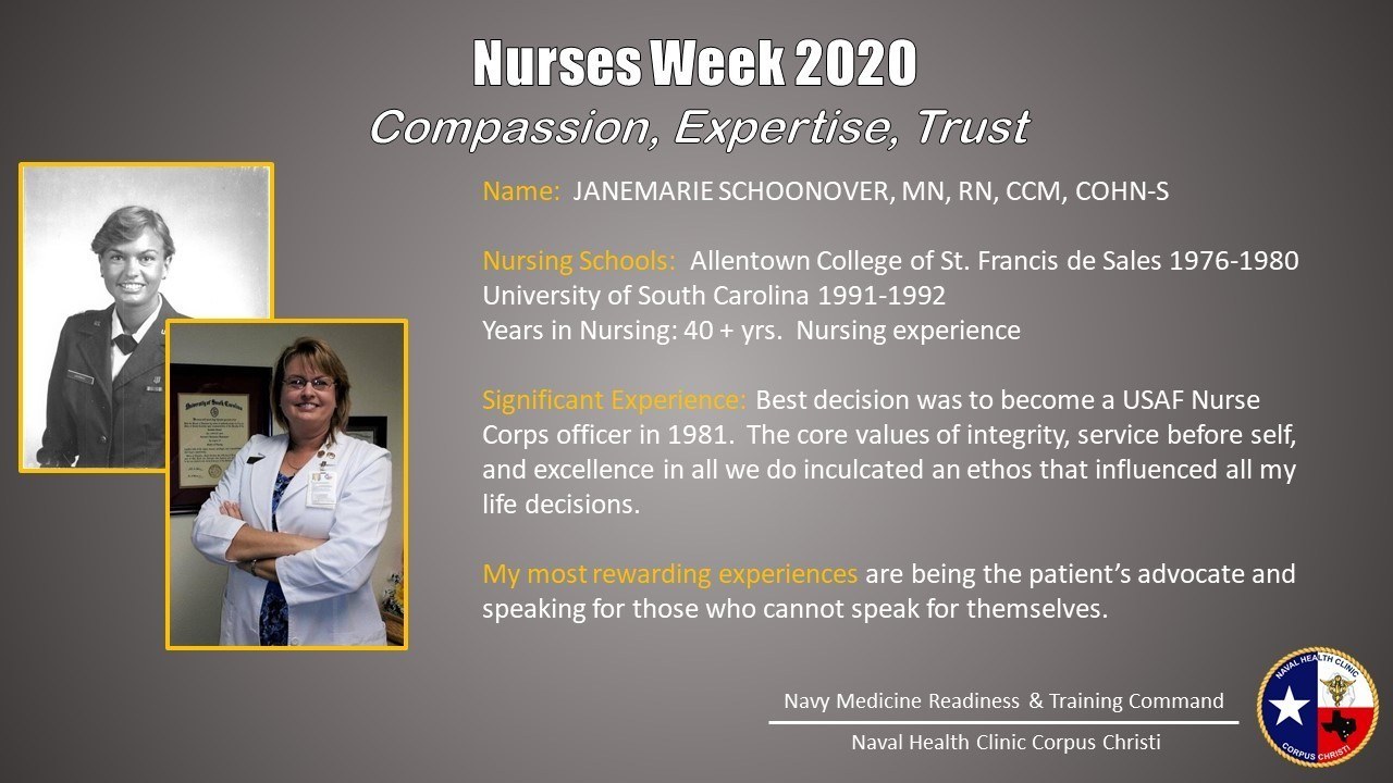 Plakat für die Nurses Week 2020 mit zwei Fotos von Krankenschwestern links und dem Text "Mitgefühl, Expertise, Vertrauen" rechts sowie einem Logo in der rechten unteren Ecke.