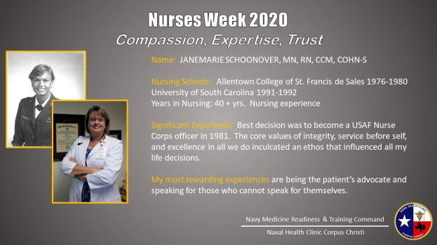 Plakat für die Nurses Week 2020 mit zwei Fotos von Krankenschwestern links und dem Text "Mitgefühl, Expertise, Vertrauen" rechts sowie einem Logo in der rechten unteren Ecke.