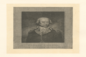 Porträt von George Clinton, dem verstorbenen Gouverneur von New York, der einen Anzug trägt, mit zurückgekämmtem Haar, ernstem Gesichtsausdruck, direkt in die Kamera schaut, mit dem Text 'George Clinton' unten.