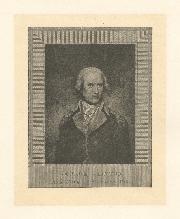 Porträt von George Clinton, dem verstorbenen Gouverneur von New York, der einen Anzug trägt, mit zurückgekämmtem Haar, ernstem Gesichtsausdruck, direkt in die Kamera schaut, mit dem Text 'George Clinton' unten.