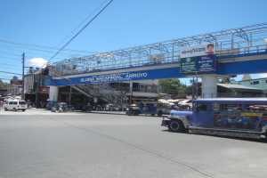 Ein blauer Bus fährt eine Straße entlang, die von hohen Gebäuden, Bäumen und Strommasten mit Drähten gesäumt ist, mit einer Brücke und einer Werbetafel im Hintergrund unter einem bewölkten Himmel.
