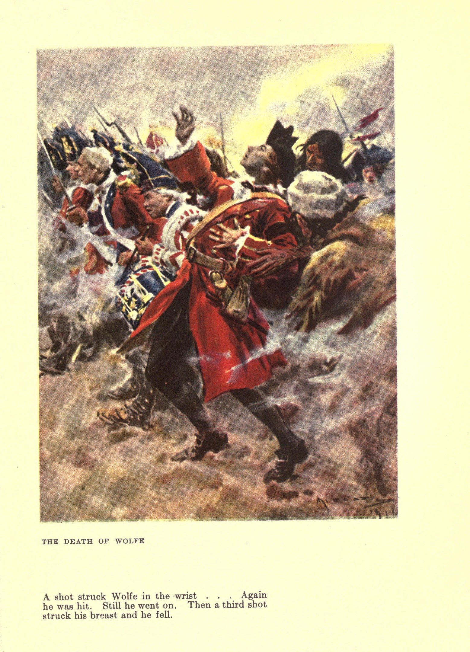 Plakat mit einer Gruppe verzweifelter Menschen mit der Aufschrift "Der Tod von Wolfe" unten, in gedämpften Farben dargestellt.