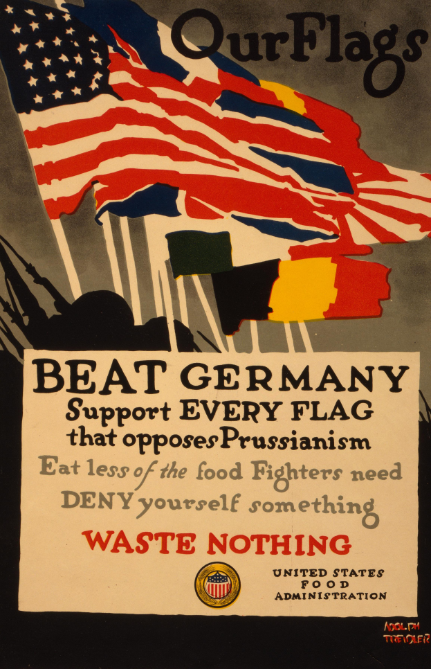 Ein Plakat mit einer roten, weißen und blauen Flagge mit einem weißen Stern, begleitet von schwarzem, fetten Text, der 'Unsere Flaggen schlagen Deutschland - Unterstützt jede Flagge, die gegen Preußentum kämpft' lautet, mit einem weißen Rand um den Text.