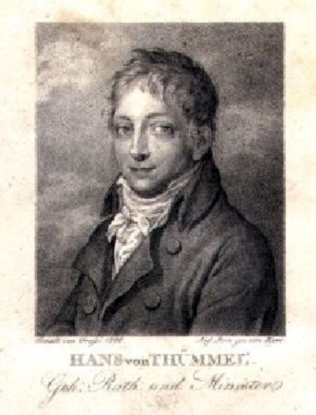 Schwarzes und weißes Porträt von Hans von Thummel, einem deutschen Komponisten, der einen Mantel trägt, mit Text am unteren Bildrand.