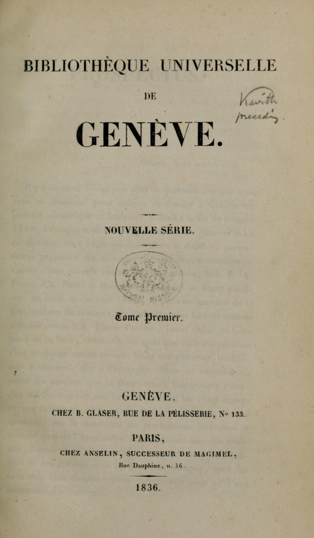 Cover eines offenen alten Buches mit dem Titel 'Bibliothèque Universitaire de Geneve' und lesbarer Innenbeschriftung.