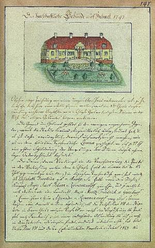 Ein historisches Dokument aus dem Jahr 1797 mit einer detaillierten Zeichnung der Schleswig-Holstein-Schule Delmar in Deutschland, mit einem roten Dach, weißen Wänden und Text, der die Geschichte der Schule beschreibt, unterzeichnet von der Schule.