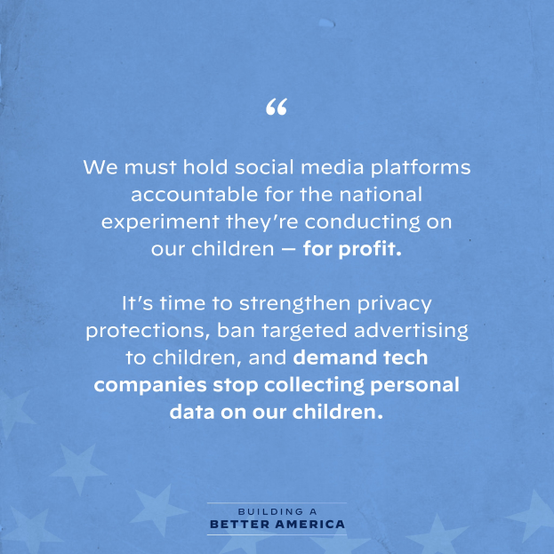 Ein Plakat mit einem Zitat aus Building a Better America, das besagt: "Wir müssen Social-Media-Plattformen für das nationale Experiment zur Rechenschaft ziehen, das sie an unseren Kindern durchführen - zum Profit.", verziert mit Sternen.