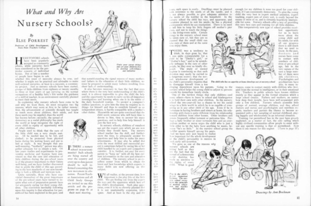 Offenes Buch mit einer Zeichnung von spielenden Kindern in einer Kindertagesstätte, mit Text, Bildern und einer Tabelle mit Gegenständen.