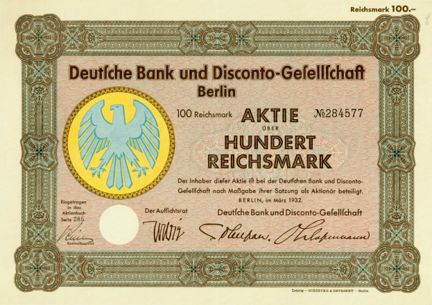Ein altes deutsches Banknoten mit einer Vogeldarstellung und der Aufschrift "Deutsche Bank und Disconto-Gesellschaf Berlin".