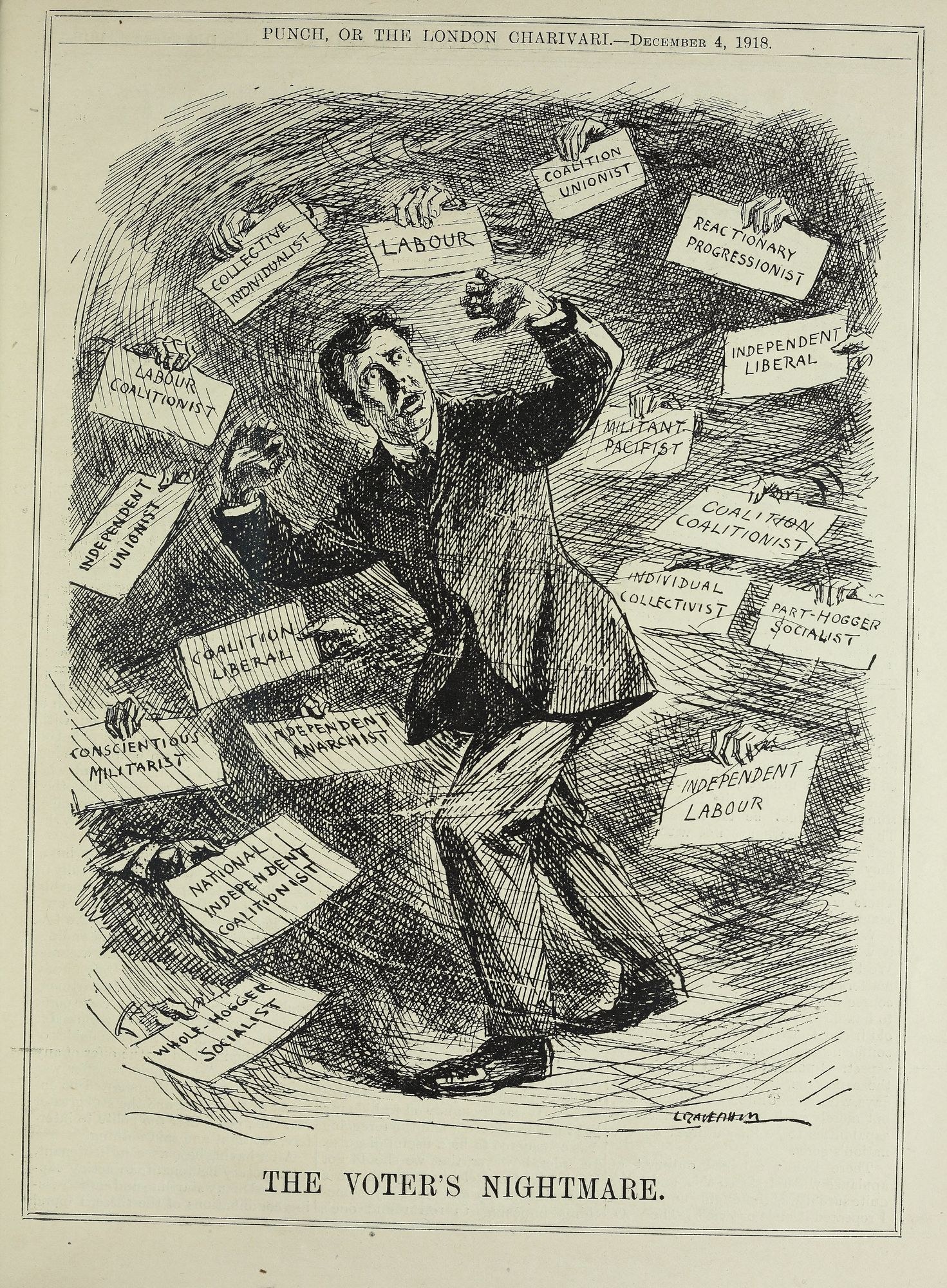 Eine Zeichnung eines Mannes in Anzug und Krawatte, der ein Schild hält, auf dem steht "Der Wähleralbtraum" und einen entschlossenen Gesichtsausdruck hat.